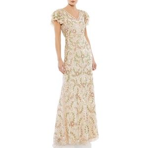 NWT Mac Duggal Floral Embellished Ruffled Cap Flutter Sleeve V Neck Gown…